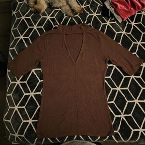 Brown Ribbed V-Neck Top